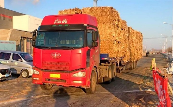 哈爾濱方正縣一家生物質發電公司門前，運送秸稈進廠的車輛排成了隊